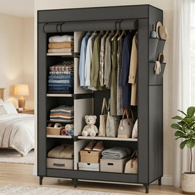 Calmootey portable closet hanging rod holds dresses and long garments neatly.