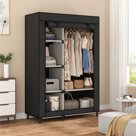 Calmootey portable closet with open front offers quick access to organized clothes.