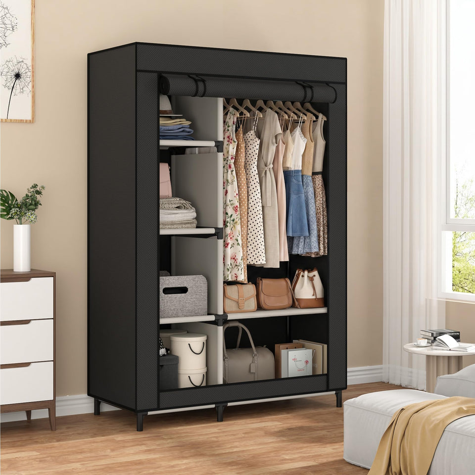 Calmootey portable closet with open front offers quick access to organized clothes.