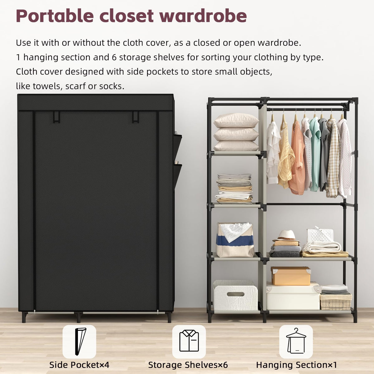 Calmootey portable closet side pockets store scarves and belts within easy reach.