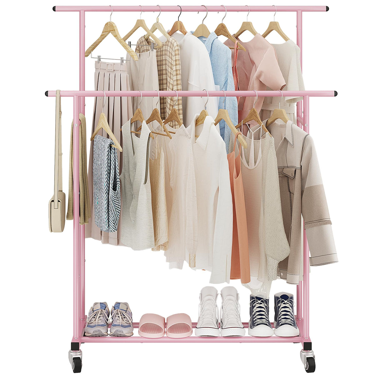 Calmootey rolling clothes rack with smooth wheels for easy room relocation.