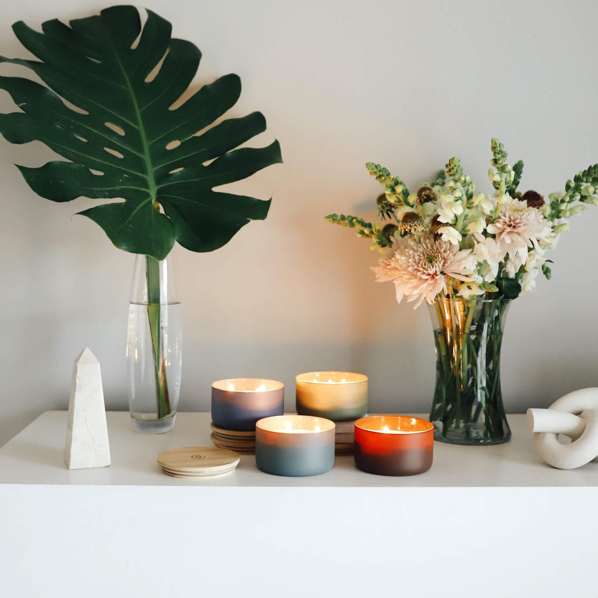 Calyan Wax Co. scent details highlight eucalyptus and fir notes for calming ambience.