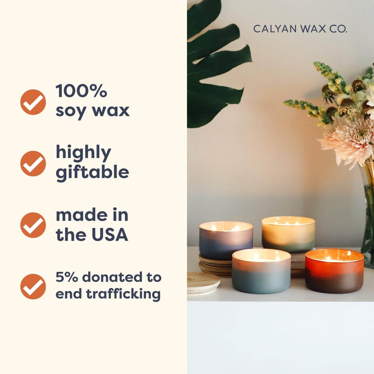 Calyan Wax Co. 3-wick candle wick close-up highlights triple-wick design.