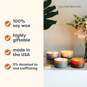 Calyan Wax Co. 3-Wick glass jar shows rich amber-cashmere fragrance for luxury ambiance