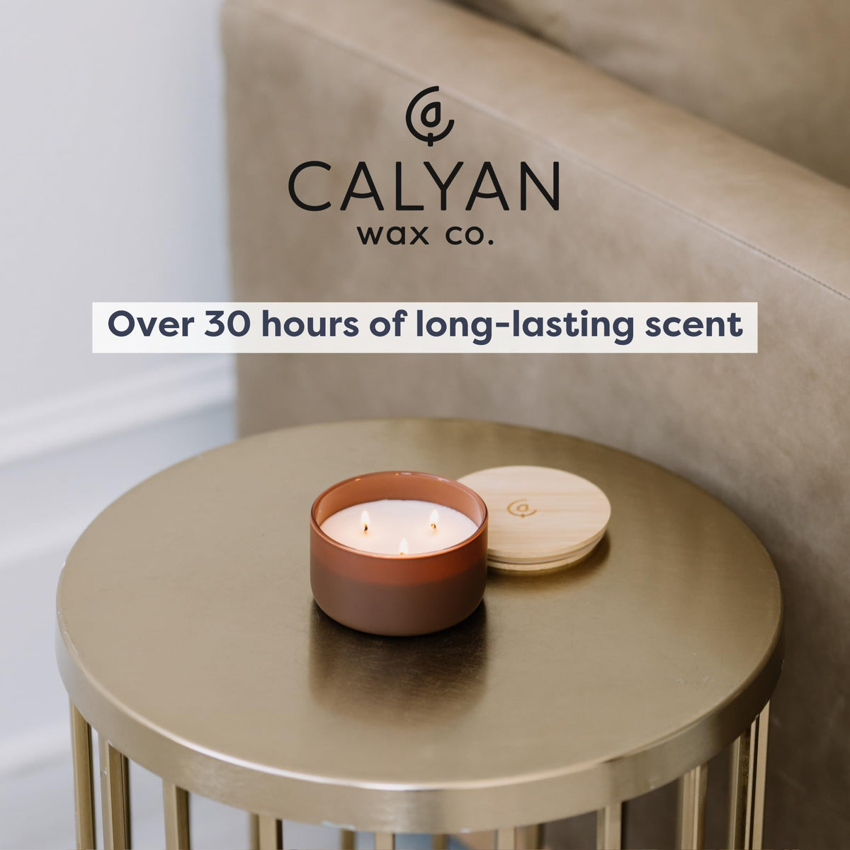 Calyan Wax Co. 3-Wick wick closeup demonstrates clean, even burn potential