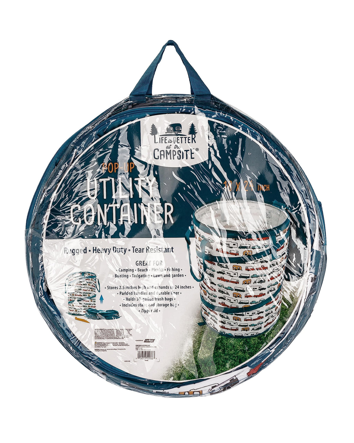 Camco Pop-Up Container camping-themed design adds outdoor charm.