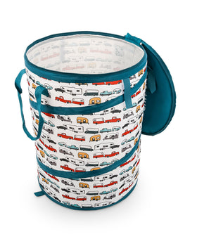 Camco Pop-Up Container with zippered lid securing outdoor trash.