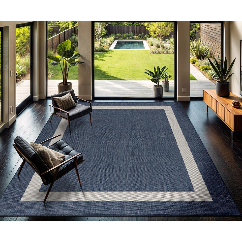 CAMILSON outdoor rug 9x12 with blue-white border on stylish patio space.