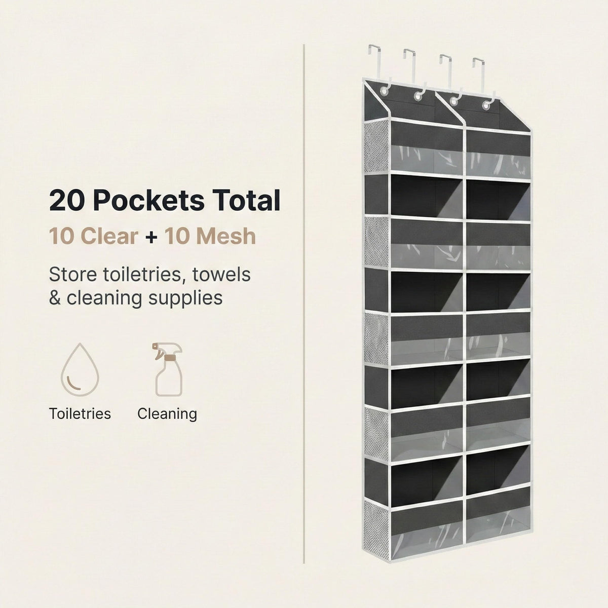 Camkey 10 pockets with side mesh compartments for toiletries, yarn, or books.