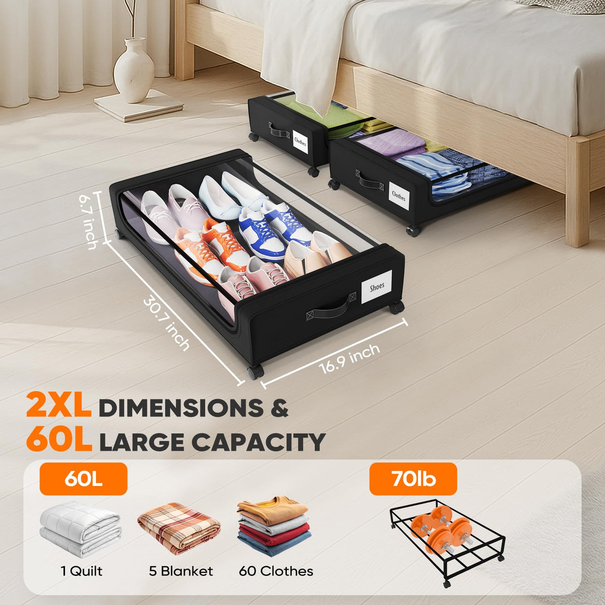 Camkey under-bed bin with dust lid keeps blankets clean and ready.