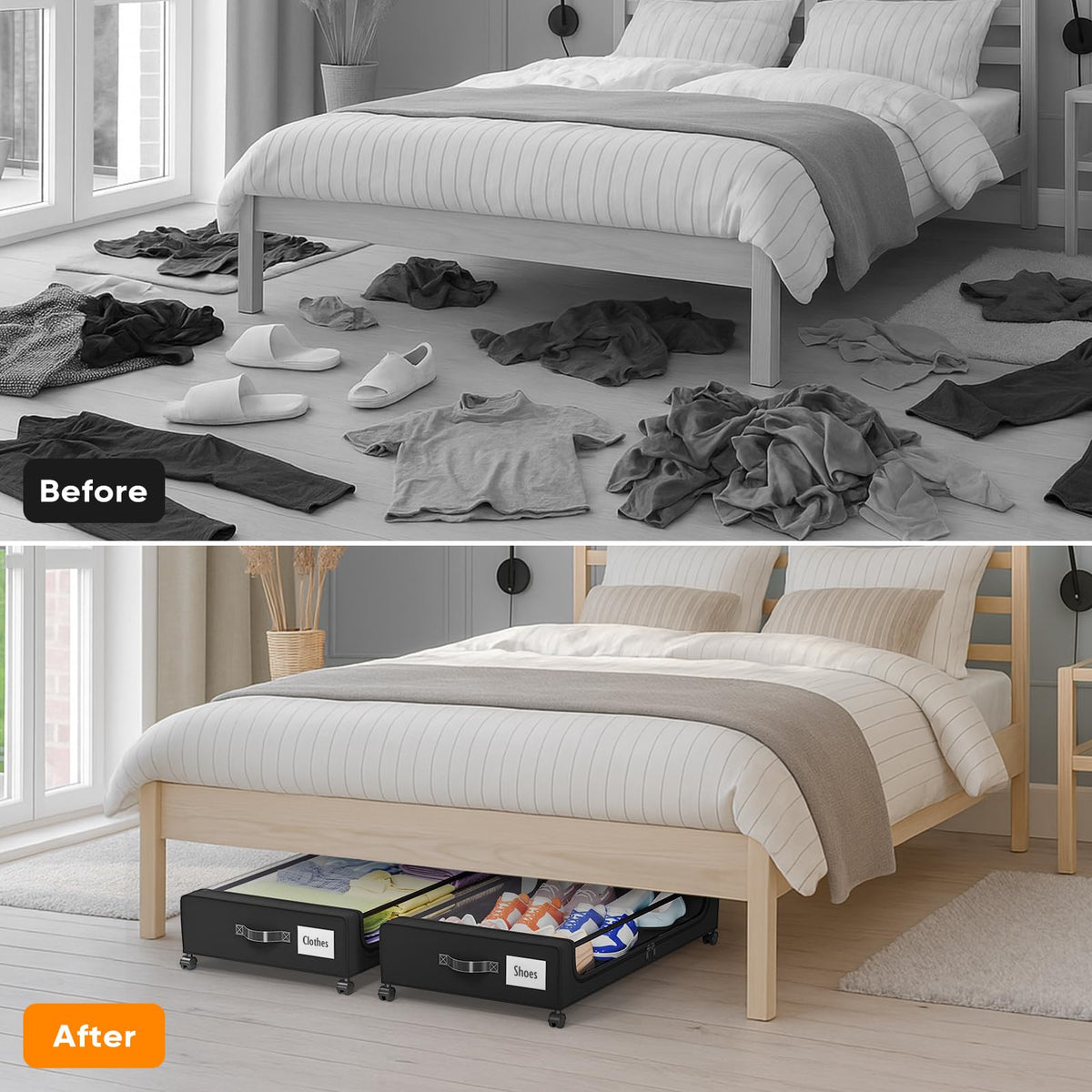 Camkey under-bed storage on wheels makes nightly decluttering effortless.