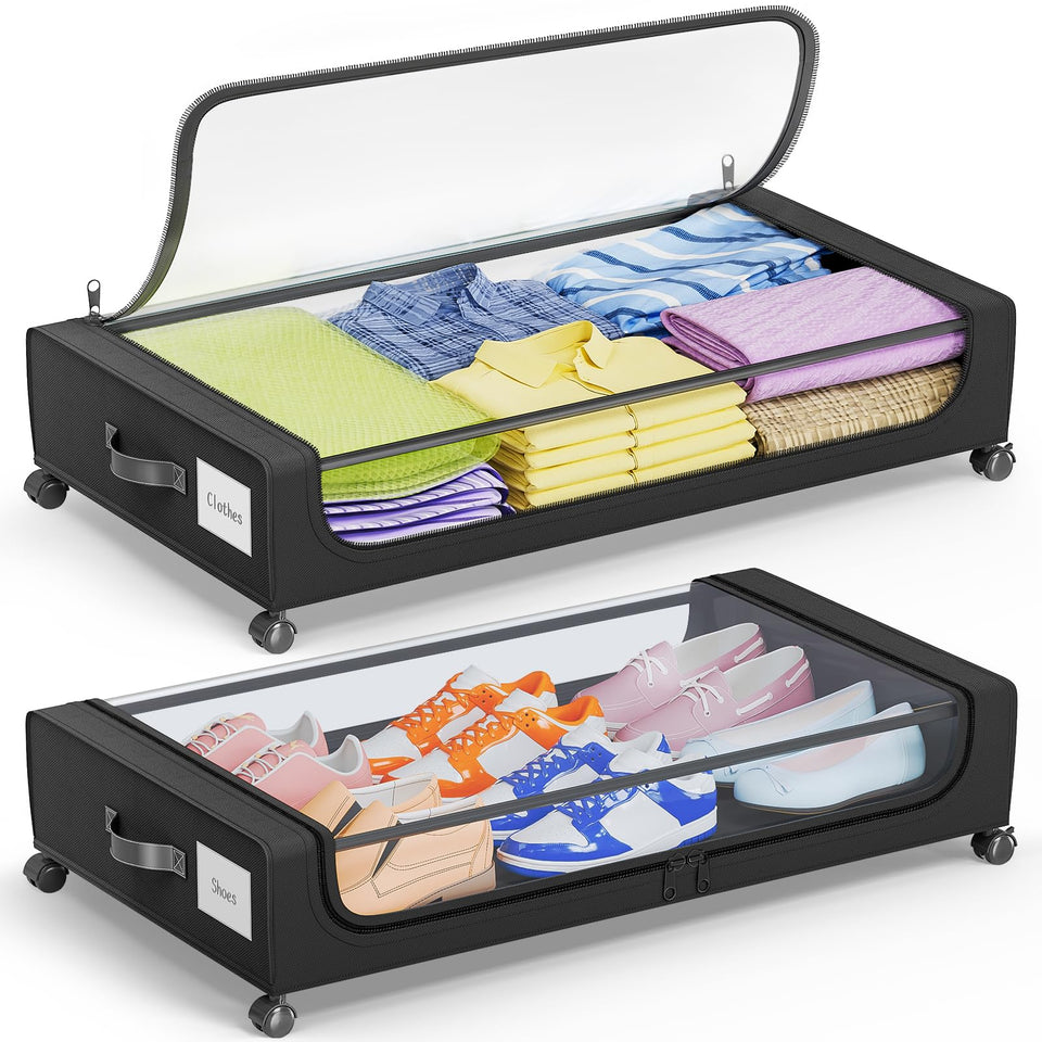 Camkey under-bed storage with 360-degree wheels for quick access to clothing.