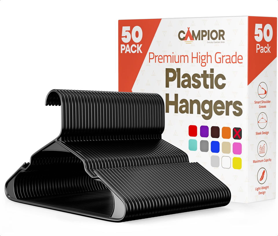 Campior black plastic hanger with slim profile keeps closets organized and clutter-free.