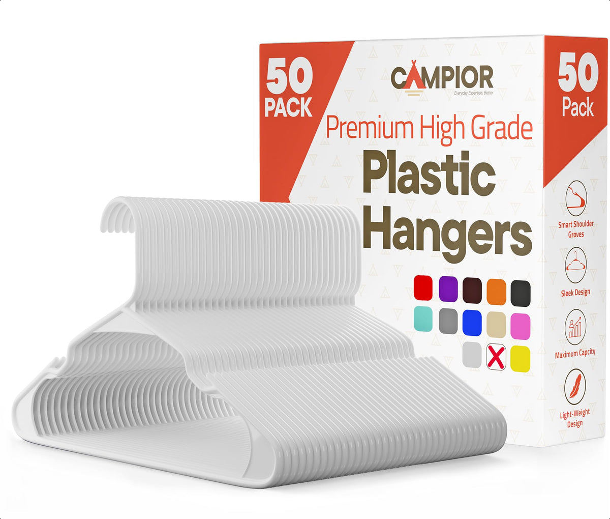 Campior White Plastic Hangers 50 Pack for space-saving closet organization.