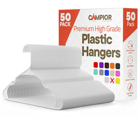 Campior White Plastic Hangers 50 Pack for space-saving closet organization.
