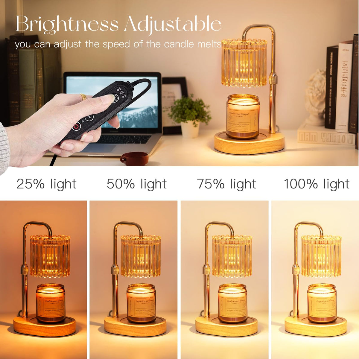 Candeldo amber-striped shade candle warmer adds soft, decorative glow.