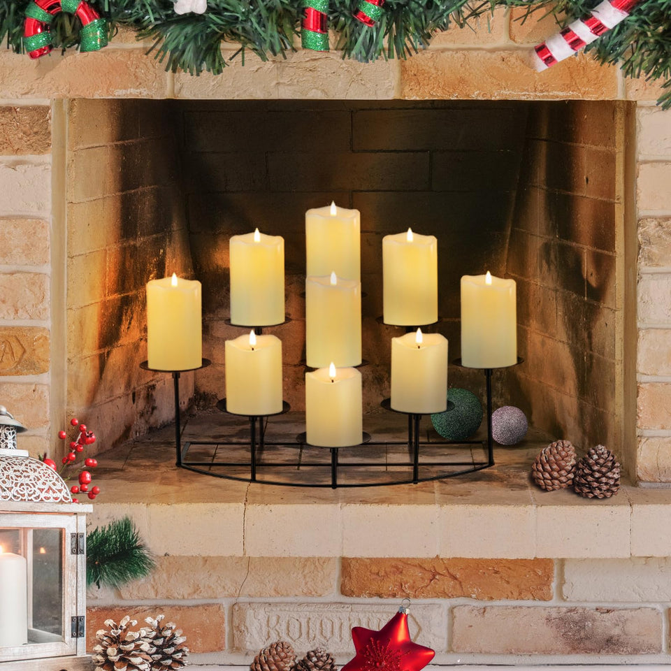 Candeldo black candelabra on fireplace mantle adds elegant ambience