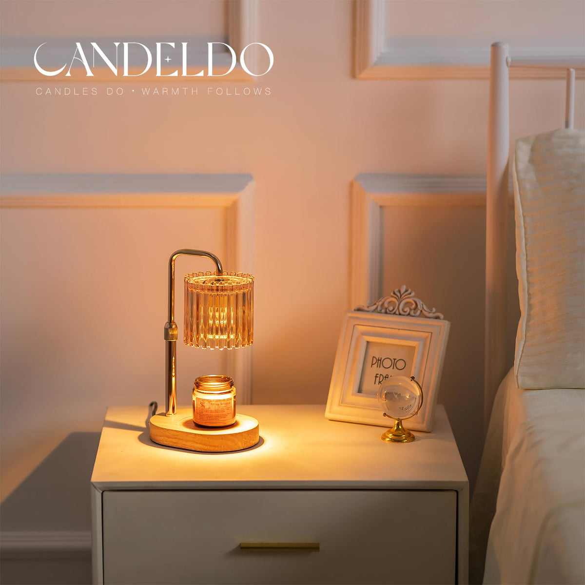 Candeldo candle warmer with timer and dimmer controls offers customizable ambiance.