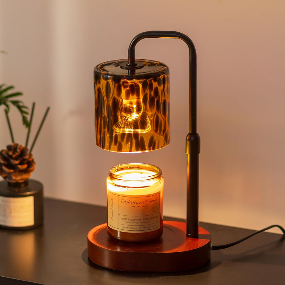 Candeldo tortoise-shell lamp front view adds warm ambient lighting to living room.