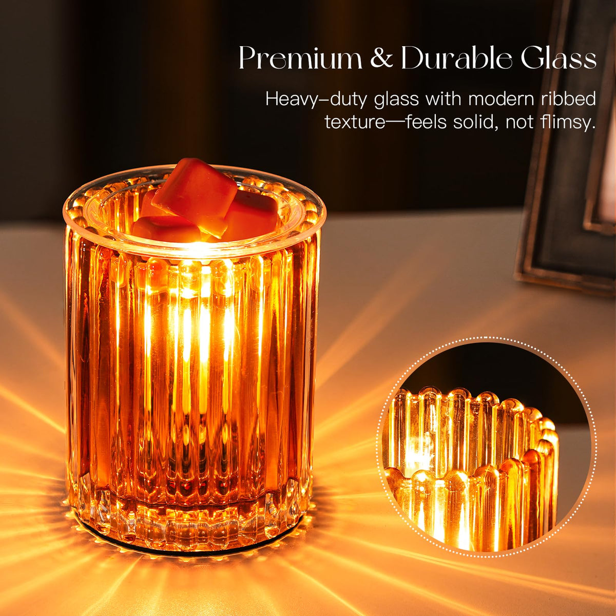 Candeldo ribbed amber glass design adds premium aesthetics.