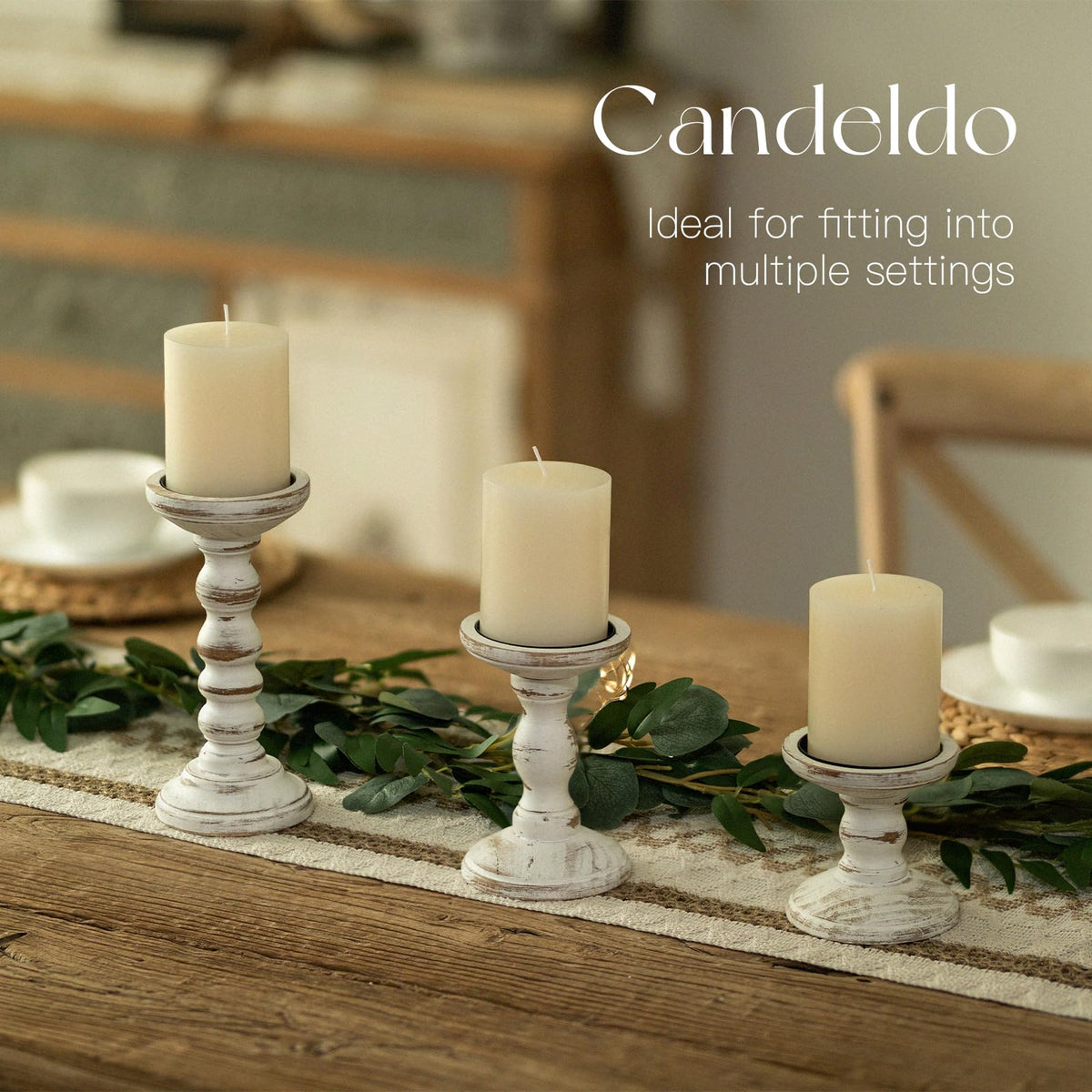 Candeldo pillar medium whitewash candle holder highlights wood grain on table