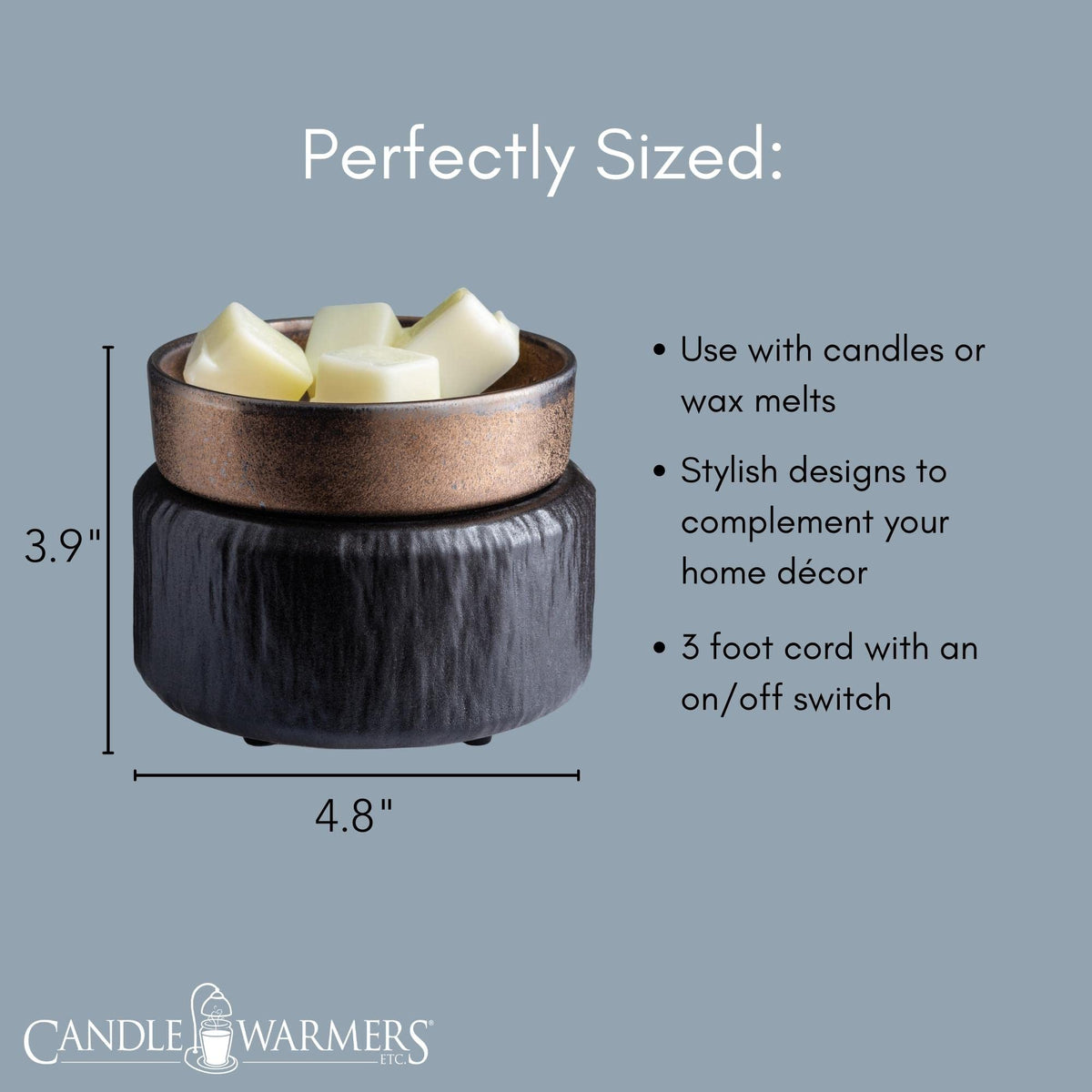 Candle Warmers ETC 2-in-1 overall dimensions 5.4 by 5.4 by 3.4 inches.