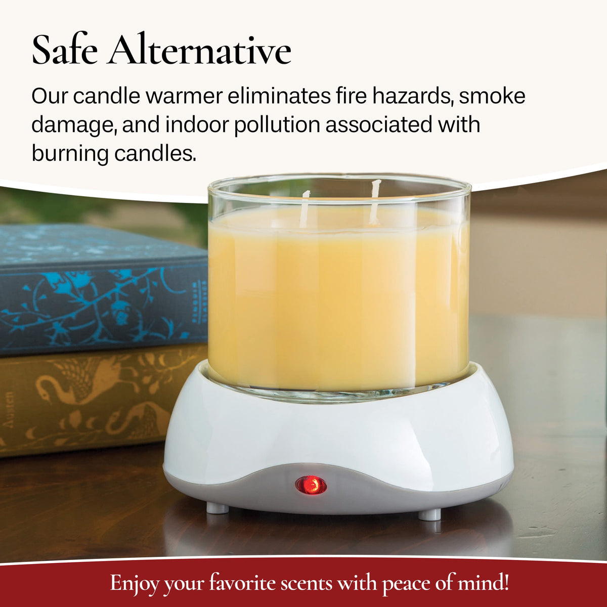 Candle Warmers Etc auto shutoff plate white plugged-in view emphasizes flame-free ambiance.