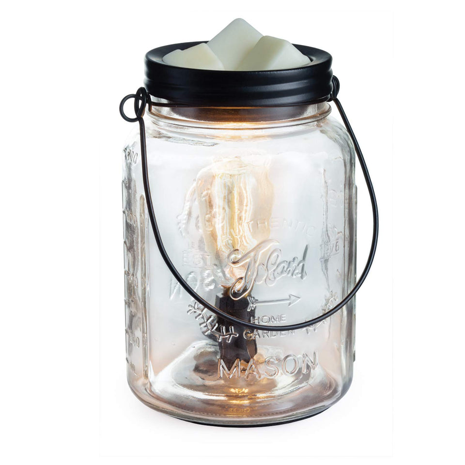 Candle Warmers Etc Vintage Style Bulb Warmer in a clear mason jar glows softly to diffuse scent