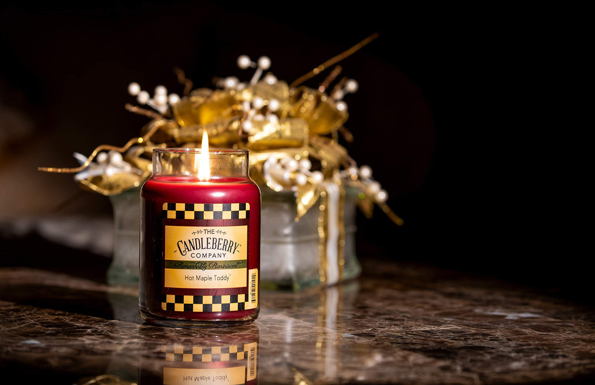 Candleberry Hot Maple Toddy in cozy living room setting suggests daily indulgence.