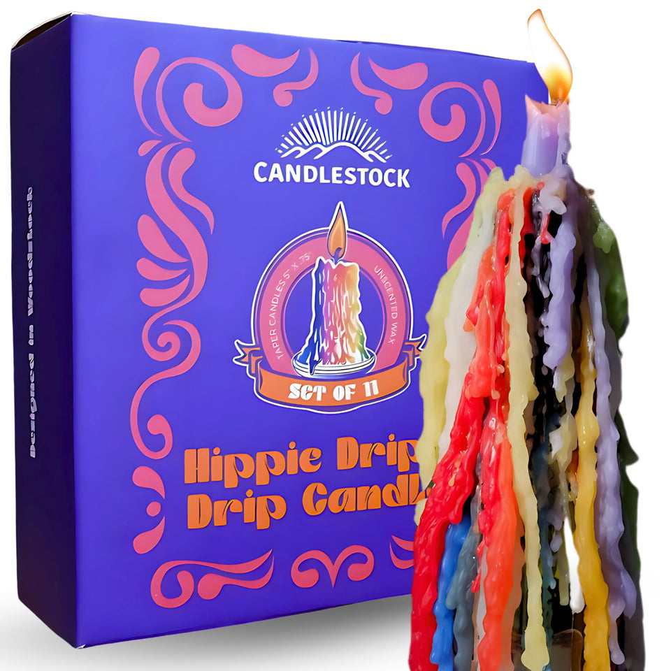 Candlestock Hippie Drippy red bottle candle creates a warm centerpiece.