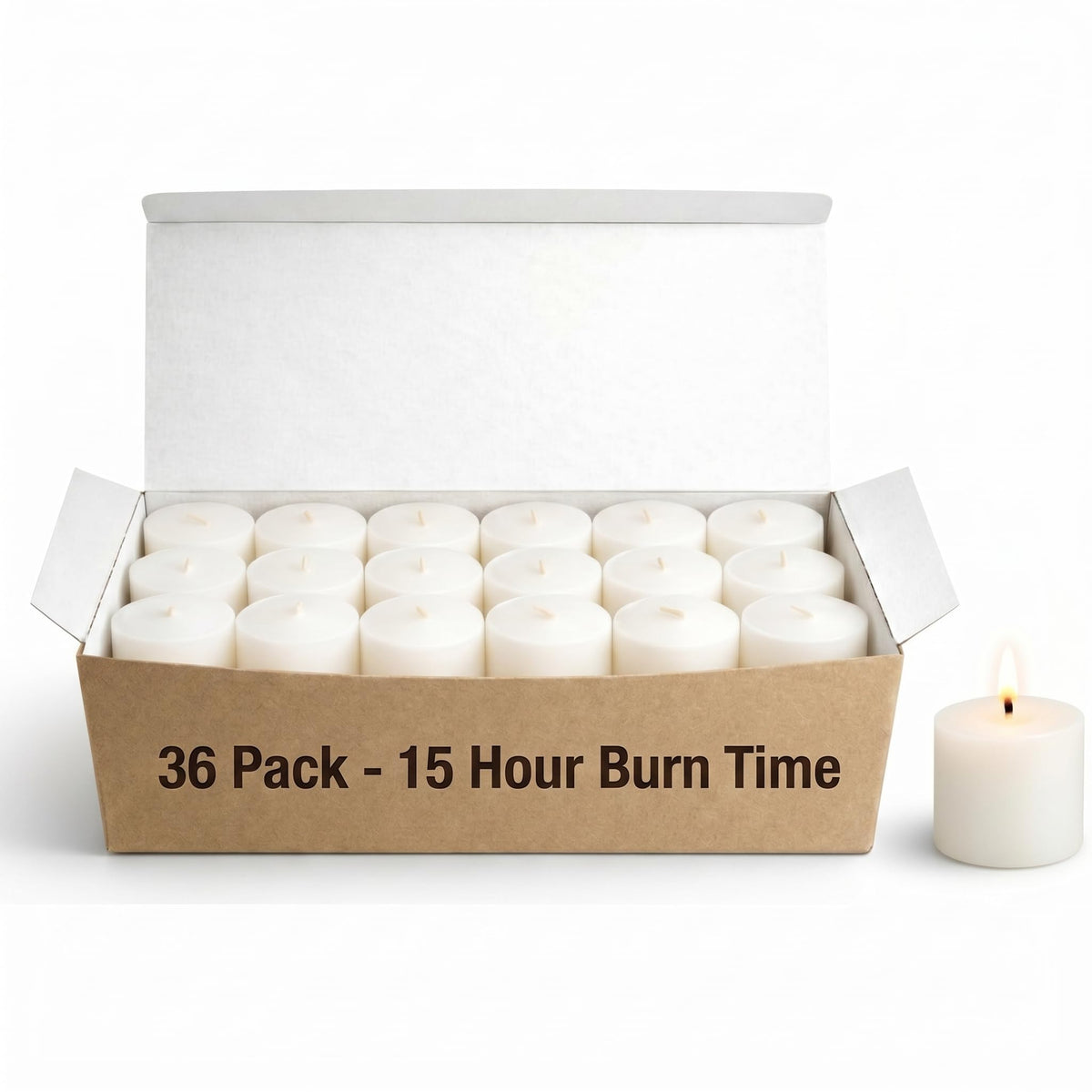 Candlestock white votive candles in a box of 36 ready for elegant table decor.