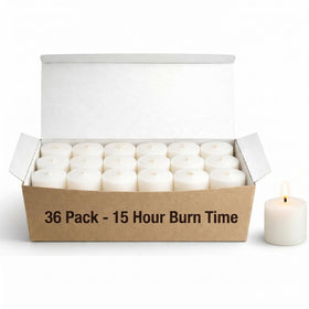 Candlestock white votive candles in a box of 36 ready for elegant table decor.