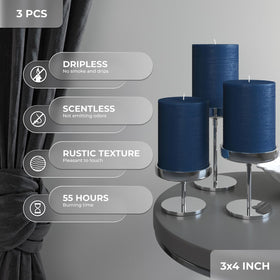 CANDWAX dark-blue pillar candles show solid color for a clean, fragrance-free display