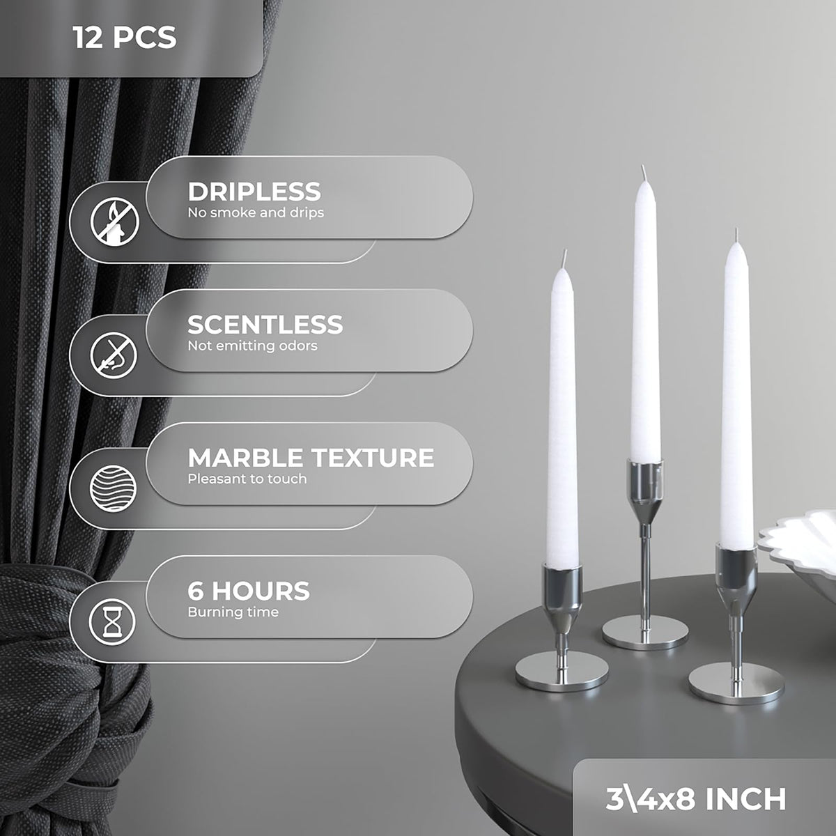 Candwax dripless white taper candles with solid color providing a consistent glow