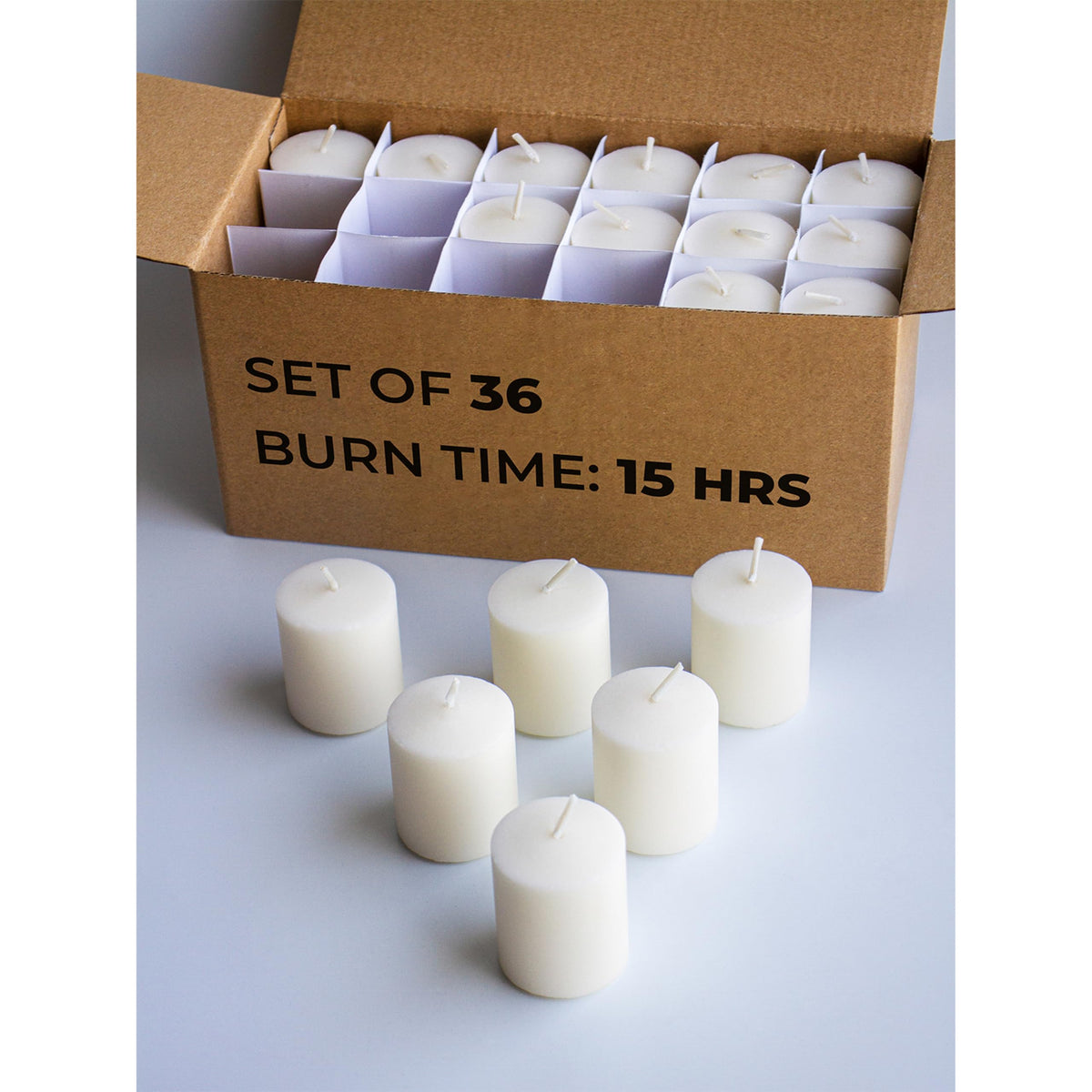 CANDWAX ivory unscented votive 36-pack is on display for warm ambience.
