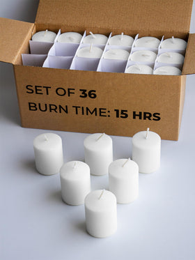 CANDWAX unscented white votive candles pack offers a steady glow for weddings.