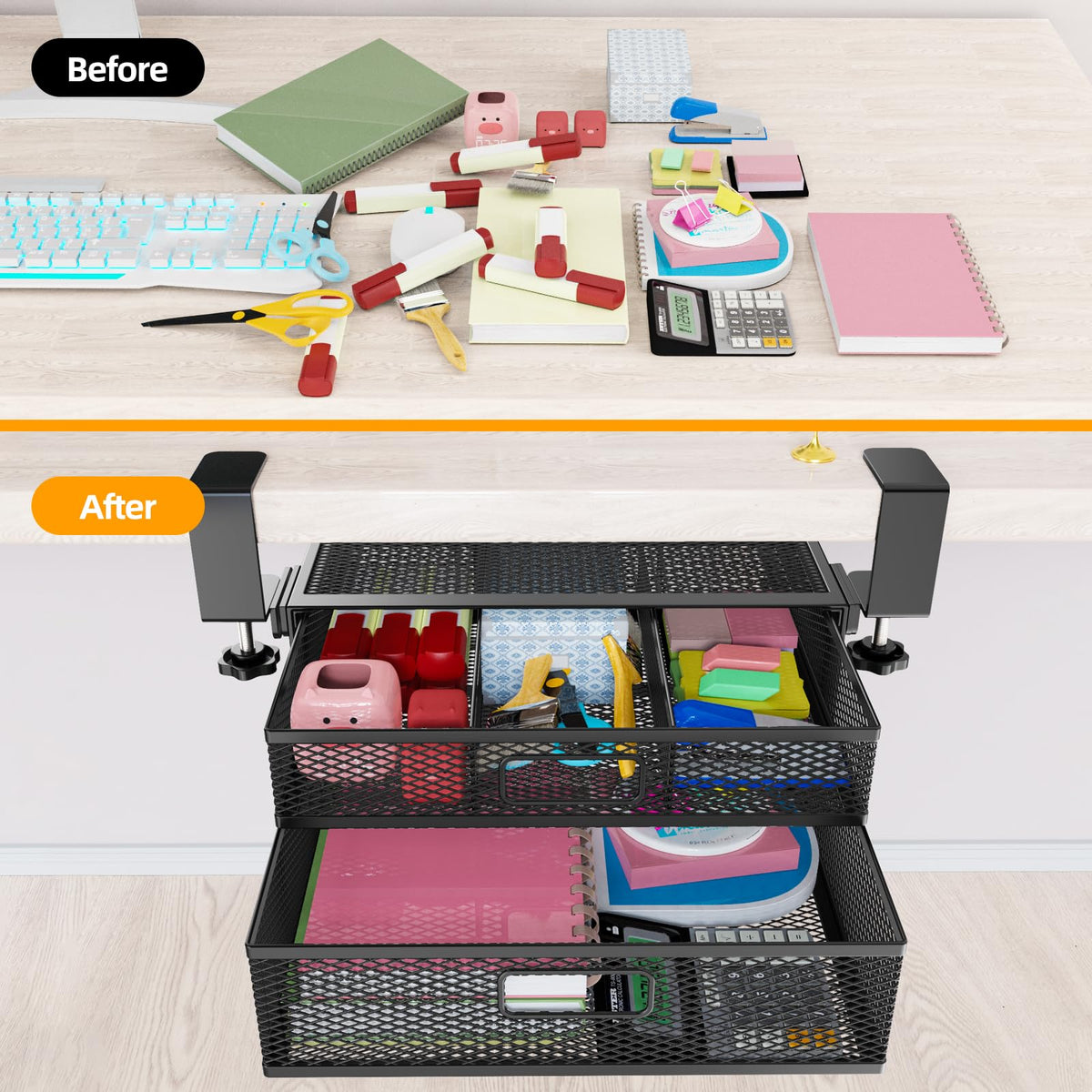 Cankm clamp-on setup secures under desk without tools.