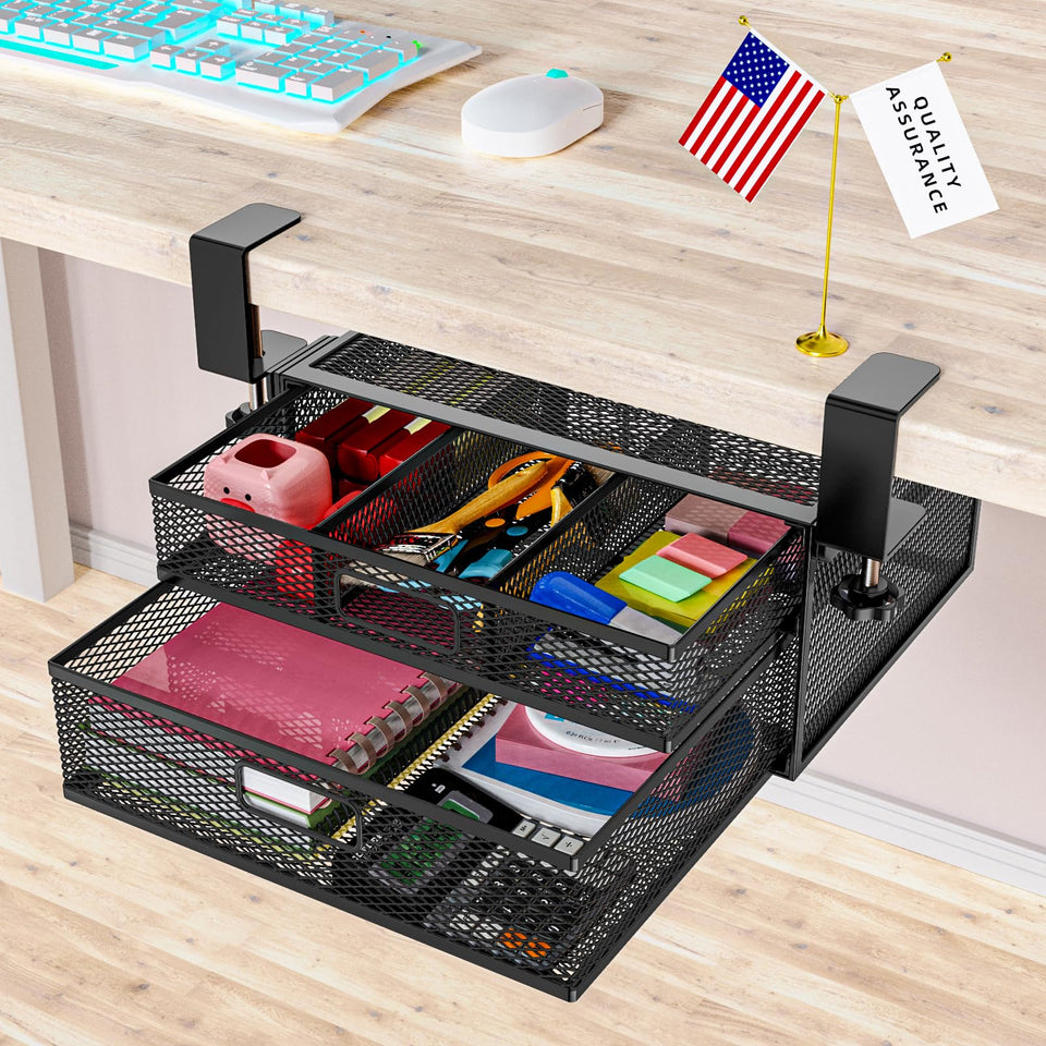 Cankm under-desk drawer with two sliding drawers keeps supplies organized.