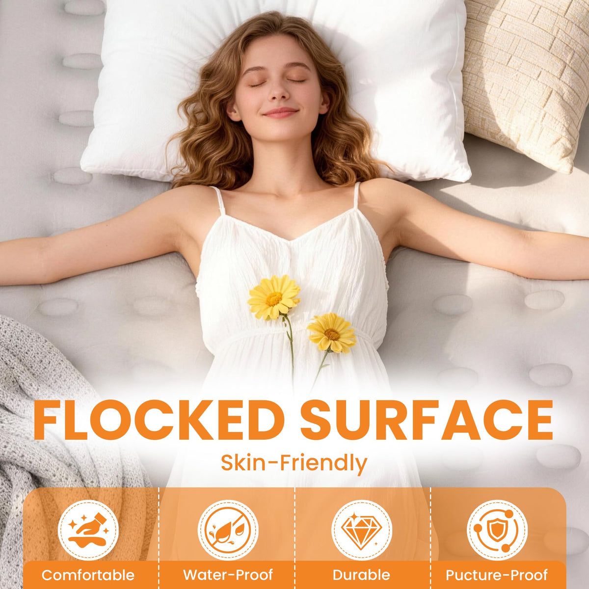 Canpsky Queen air mattress features soft flocking top for comfortable contact.