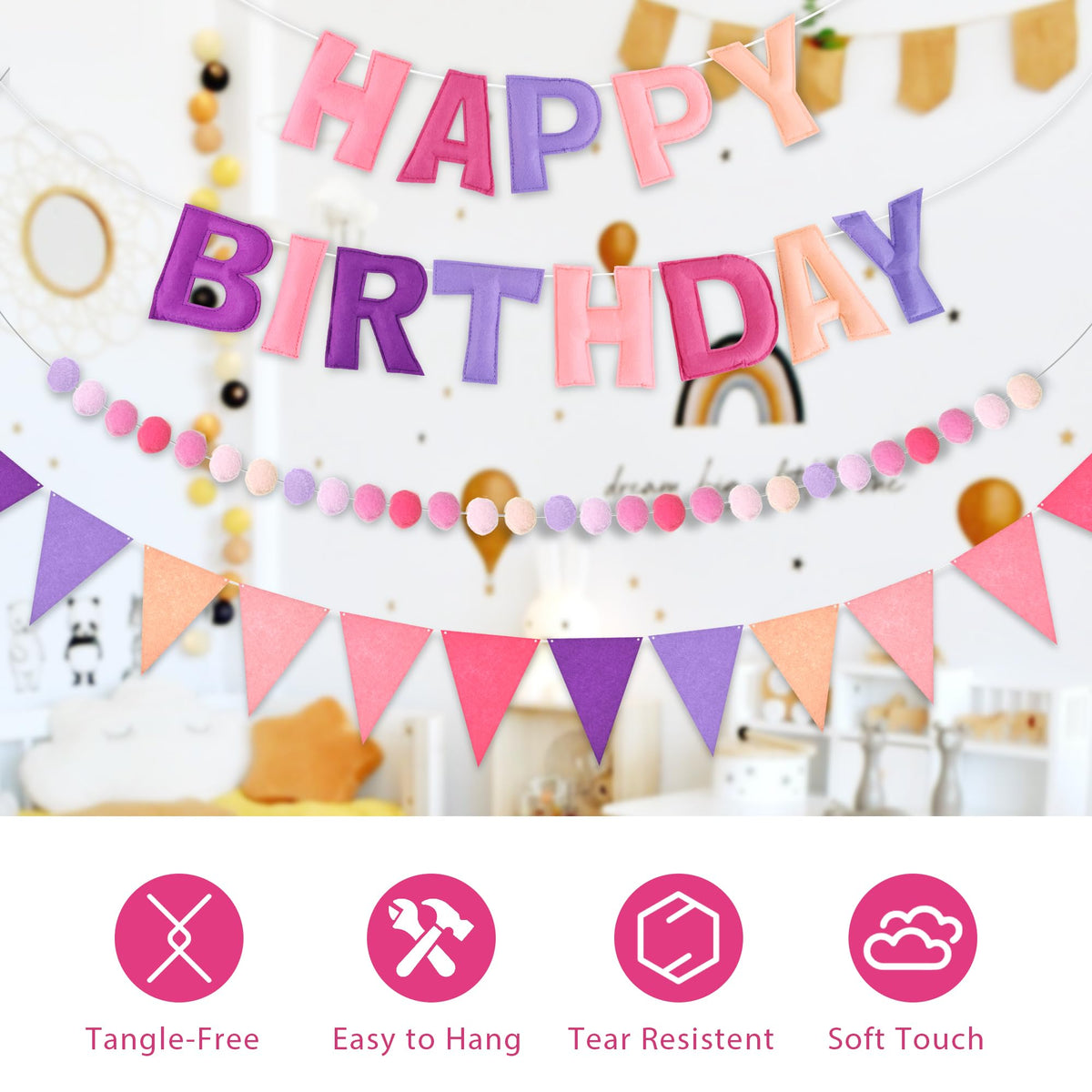 CANREVEL triangle fabric bunting adds playful movement to decor.