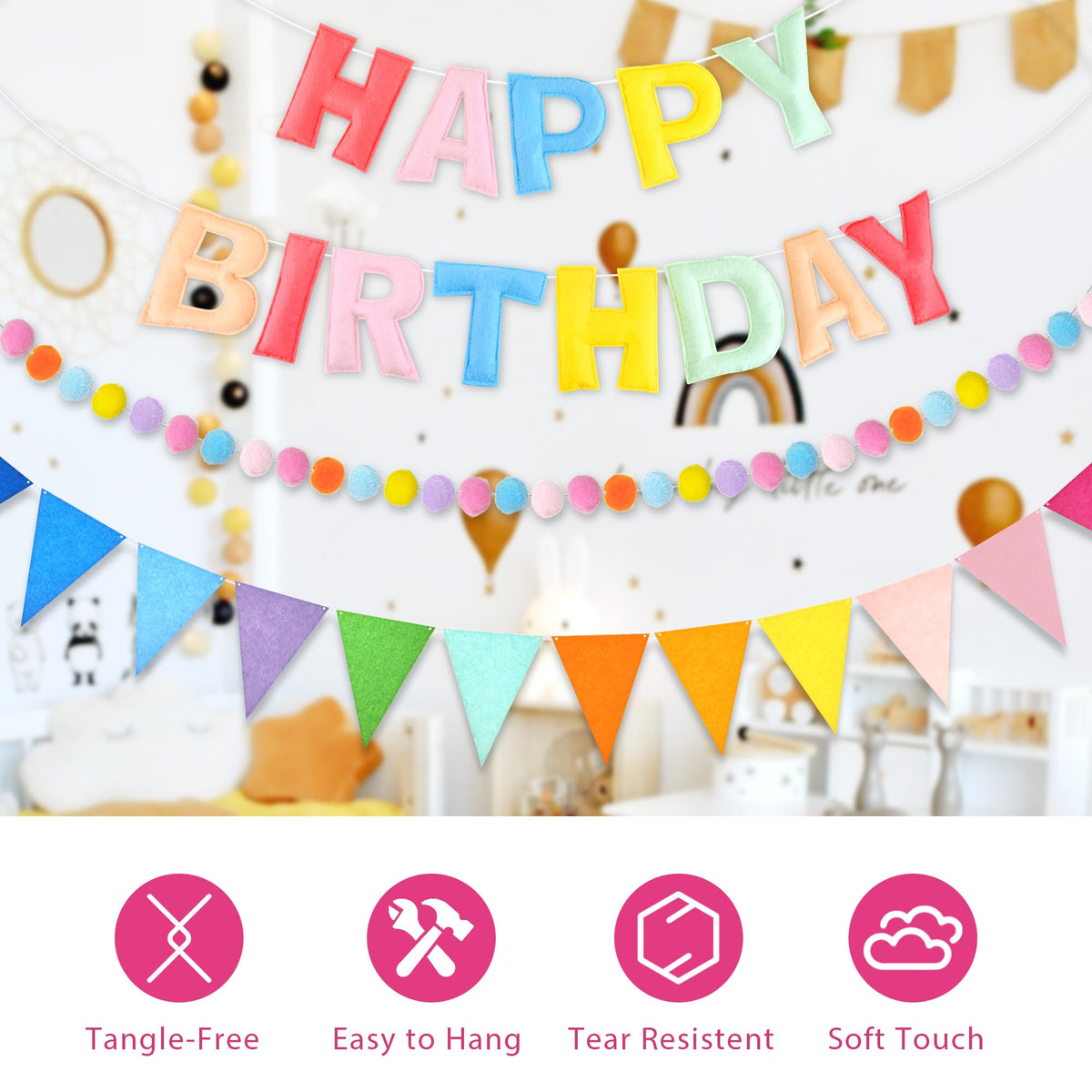 CANREVEL triangle fabric pennant garland brightens walls and mantels.
