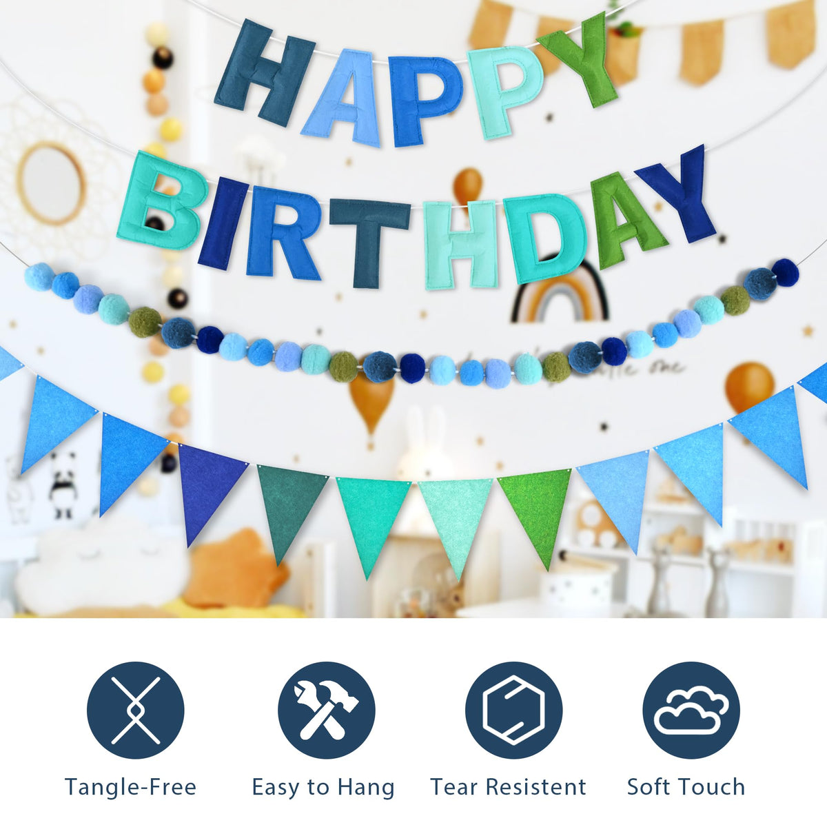 CANREVEL triangle fabric pennants banner creates a playful color focal point