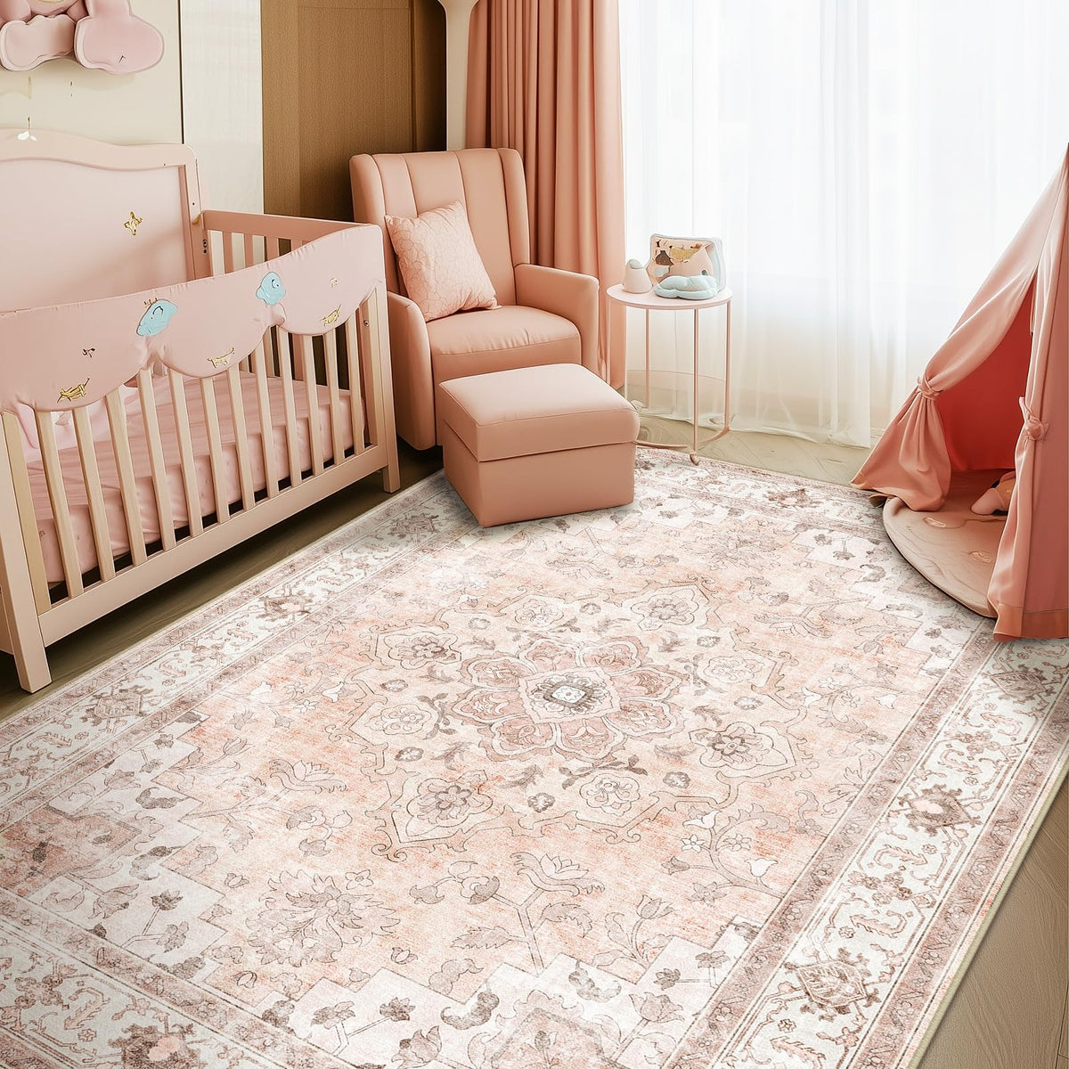 CAPALOCA machine-washable rug 5x7 in pink nursery for easy cleaning.