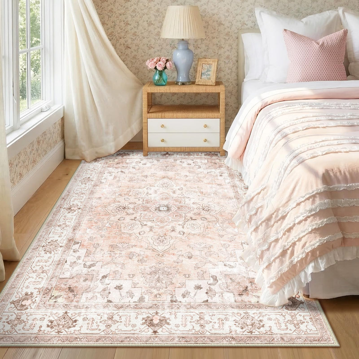 CAPALOCA nursery rug pink pattern adds bright color to kids' space.