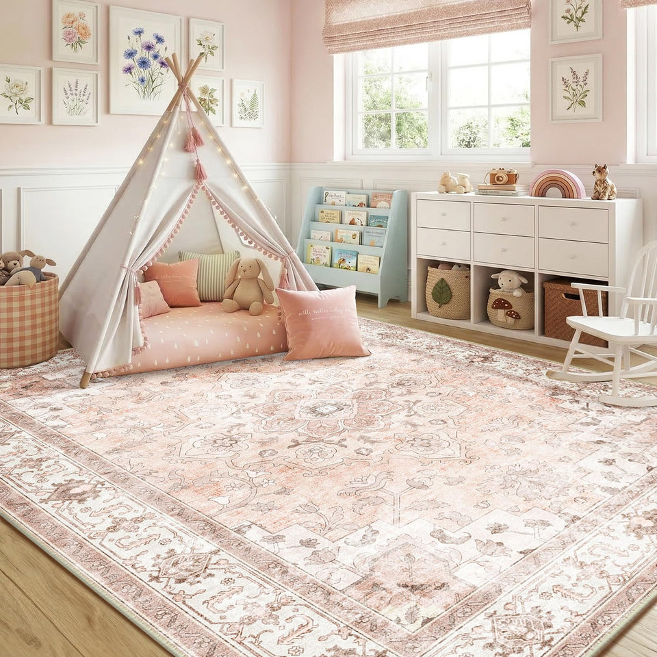 CAPALOCA rug with pink floral pattern for vibrant nursery decor and cozy playtime