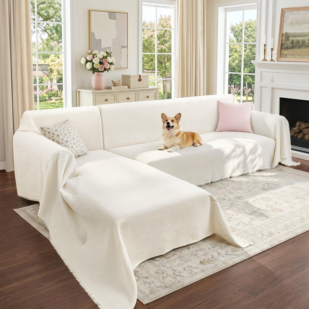 CAPALOCA L-shaped chaise-right sectional cover in beige with soft chenille and pet protection.