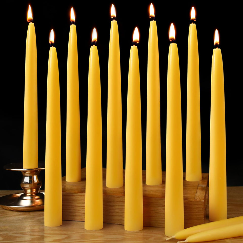 Capaniel beeswax taper candles 10in 12-pack on display for warm ambient lighting