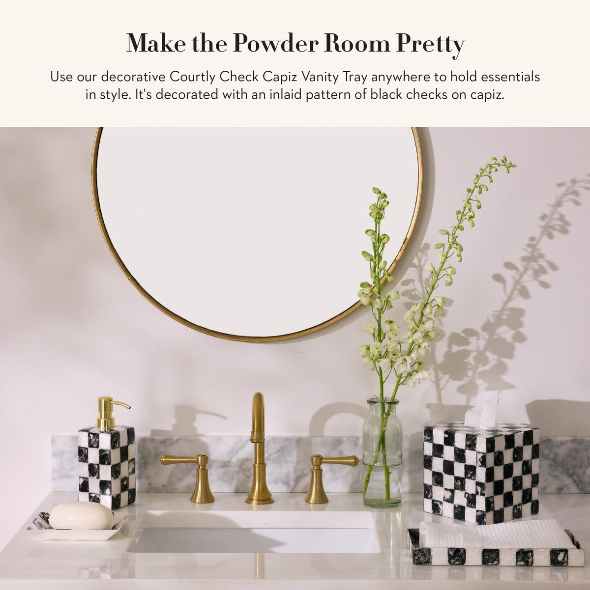 Capiz vanity tray black-and-white Courtly Check adds surface elegance