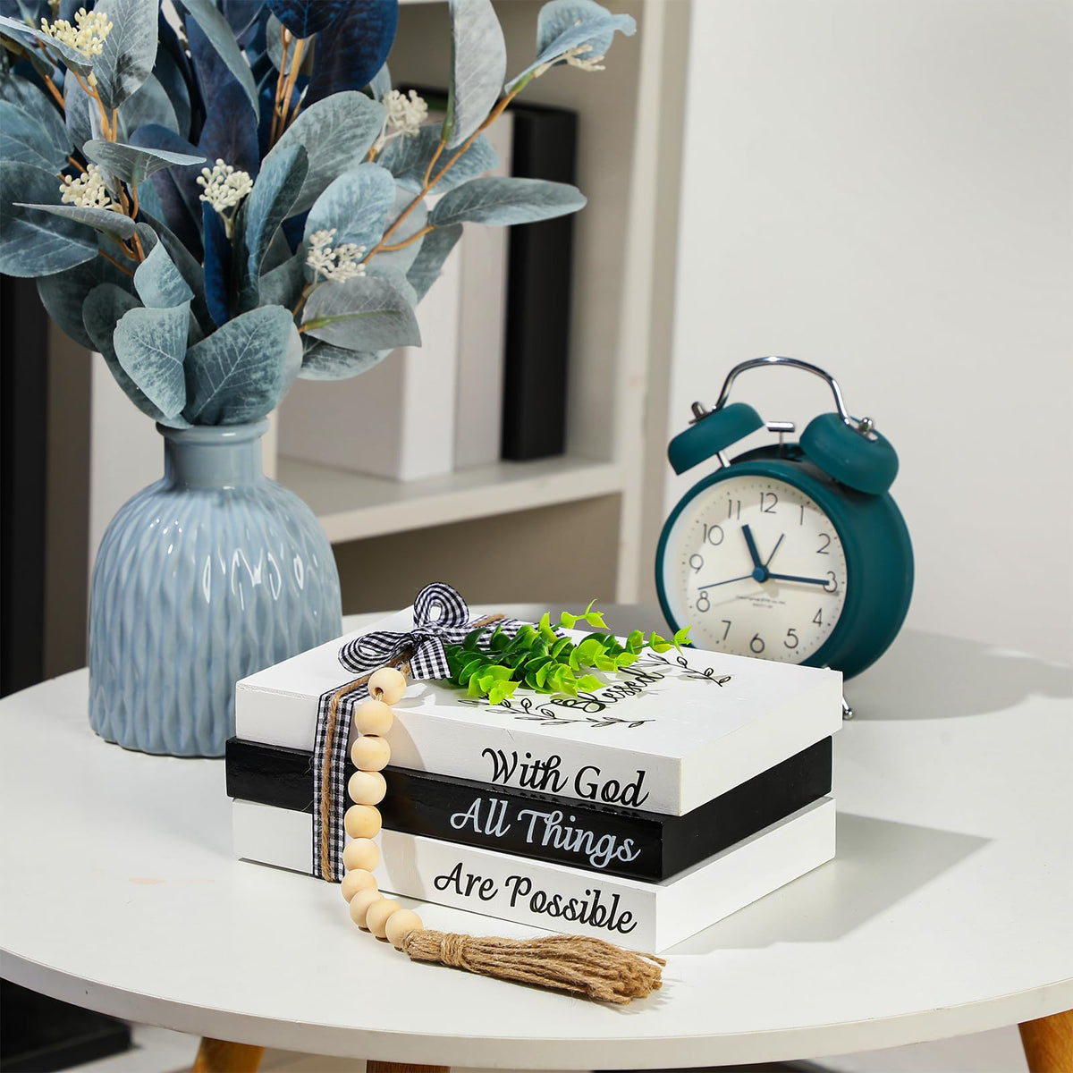 Capoda rustic books on a tray enhance coffee table decor.