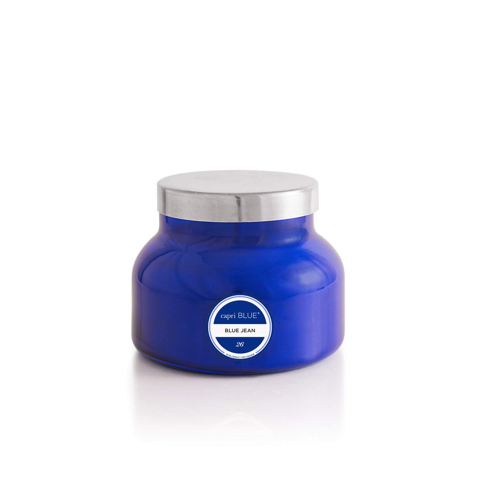 Capri Blue Blue Jean jar candle 19oz adds a bold cobalt centerpiece and inviting scent to a living space.